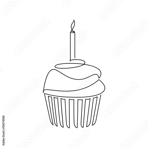 Hand drawn cupcake muffin. Birthday candle cake dessert line continuous drawing. Linear pastry vector icon. Abstract illustration, cartoon print, card, bakery logo, sign, symbol, cartoon, doodle.