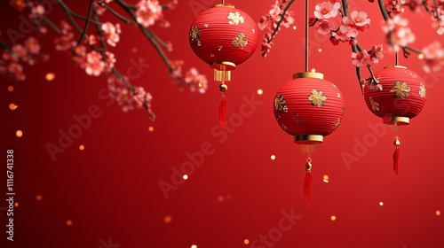 Festive red background with Chinese lanterns and cherry blossoms adorned with glowing lights with copy space  photo