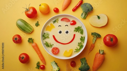 Vegetable cream soup decorated with a smiling face and fresh vegetables