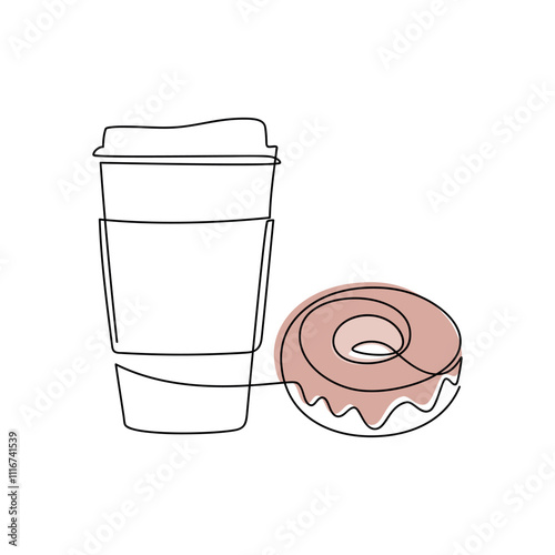 Hand drawn doughnut line continuous drawing. Coffee cup vector illustration. Take away food linear icon. Minimal dessert print, banner, card, product logo, brochure, menu, bakery shop sign, pastry