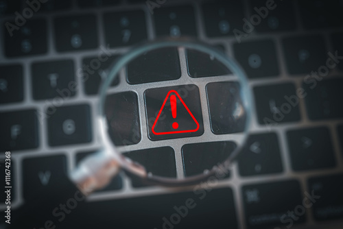 Close-up of a laptop keyboard with an attention sign under a magnifying glass meaning for cybersecurity alert,notification sign,security awareness, system alert,digital safety,warning sign concept.