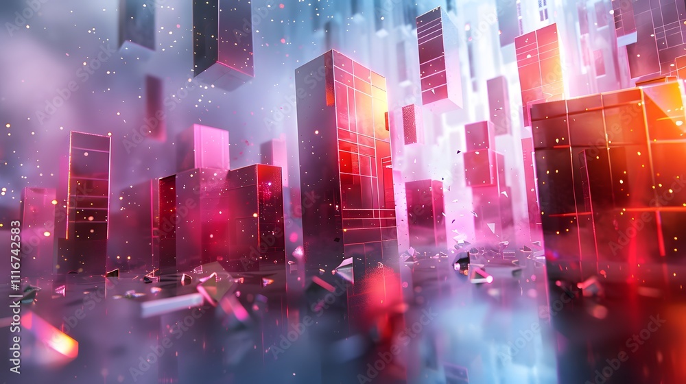 Fototapeta premium Abstract 3D background with colorful wooden cubes arranged in a gradient pattern, creating a vibrant and textured visual effect.
