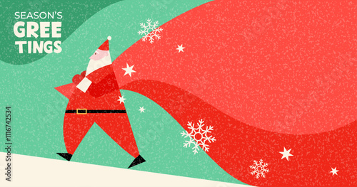 Christmas season's greetings background, banner,  with Santa Claus , textured, template, copy space, vector illustration