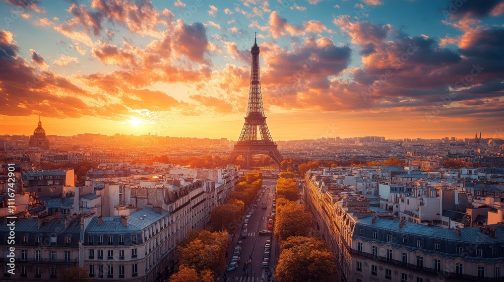 Fototapeta premium Eiffel Tower at Sunset Aerial View