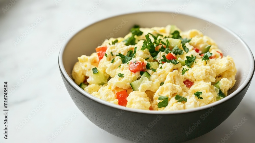 Large bowl filled with scrambled eggs and vegetables served on a white surface bright natural lighting minimalistic food presentation Large bowl filled with scrambled eggs and vegetables served on a white surface bright natural lighting minimalistic food presentation