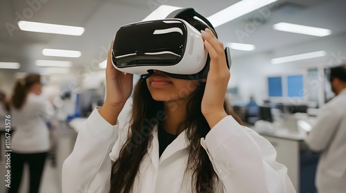 Student Using VR Headset for Virtual Practice in Laboratory