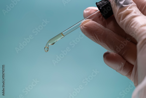 A close up of a hand in a glove holding a dropper with a droplet forming, set against a light blue background photo