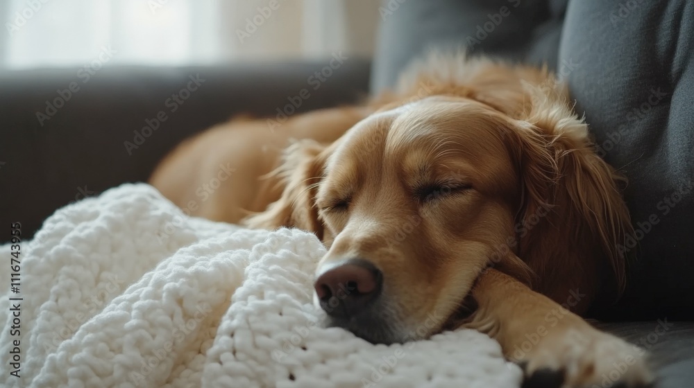 Golden dog resting on a couch with a white blanket soft focus on details cozy indoor lighting Golden dog resting on a couch with a white blanket soft focus on details cozy indoor lighting