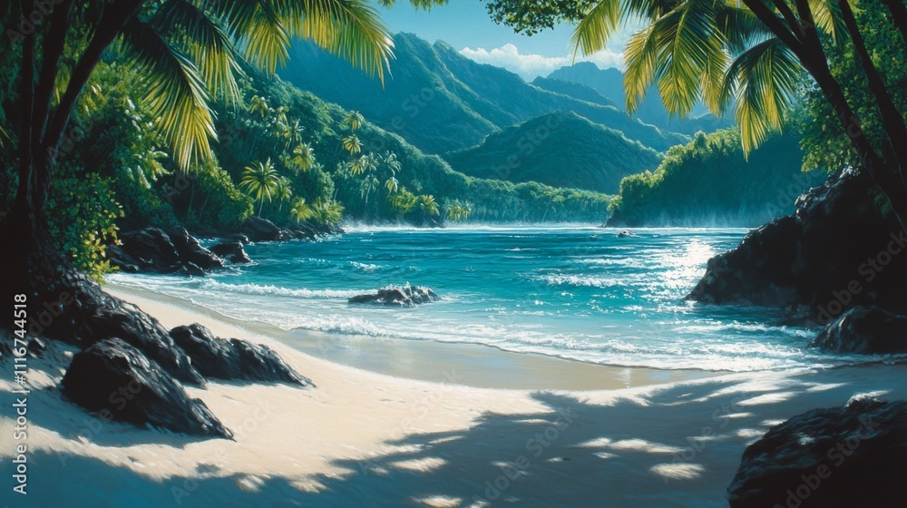 Fototapeta premium Serene Tropical Beach with Palm Trees and Blue Water