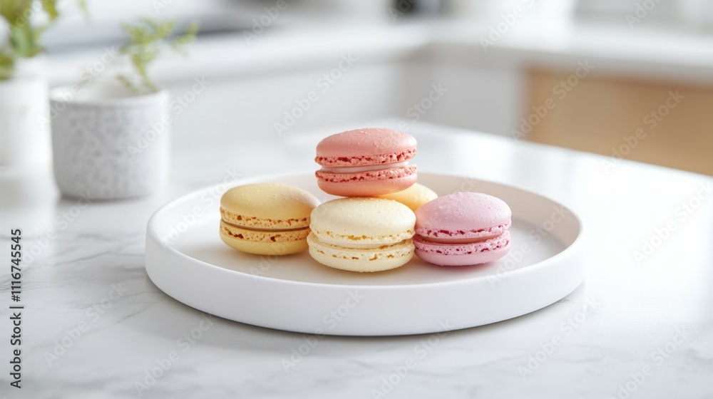 Fototapeta premium A set of colorful macarons on a white ceramic plate bright and modern kitchen soft pastel colors vibrant lighting