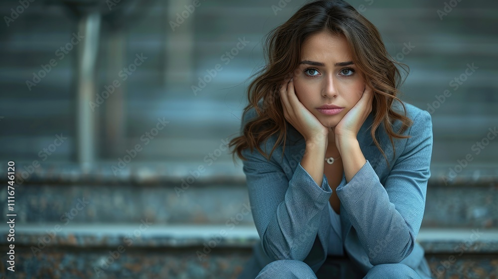 Fototapeta premium Pensive young woman sitting on steps, hands supporting her chin, looking thoughtful.