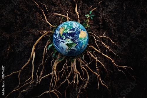 A vibrant image showing a globe surrounded by plant roots photo