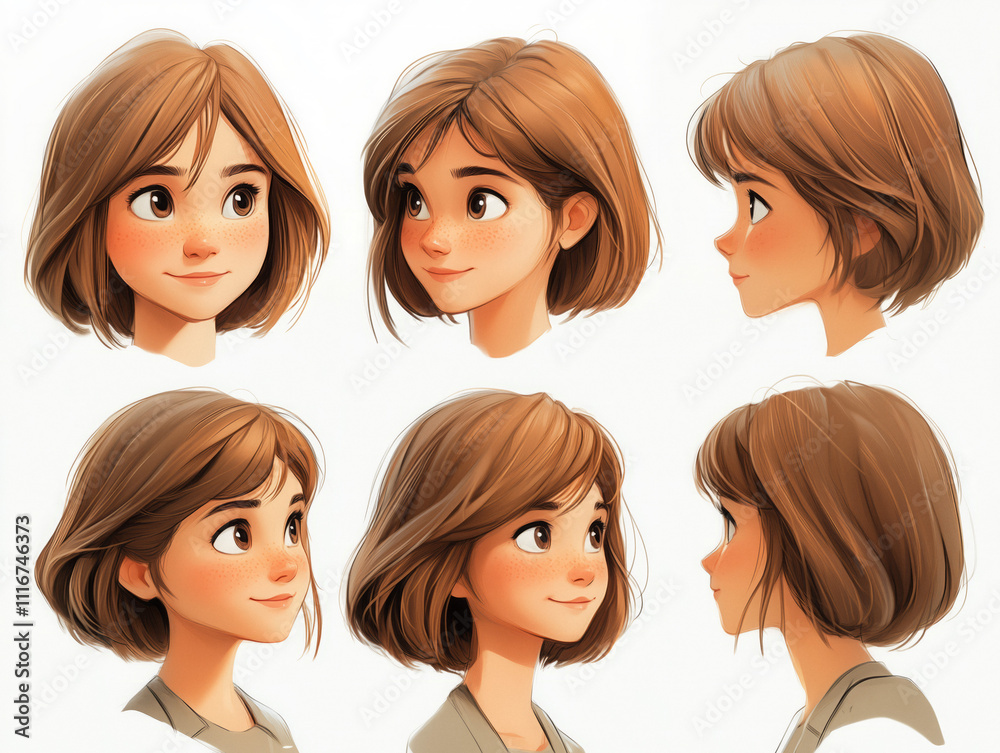 Female Character Concept Art. A digital illustration featuring a female character in multiple views, showcasing detailed expressions and styling Female Character Concept Art. A digital illustration featuring a female character in multiple views, showcasing detailed expressions and styling