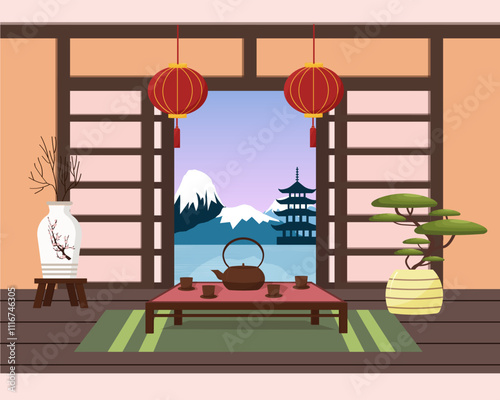 Oriental interior. Table for tea ceremony. Teapot and cups, decorative lanterns, bonsai and vase with sakura. Window with mountain view. Vector illustration