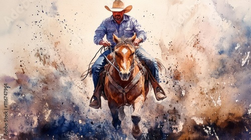 Cowboy Riding Horse in Artistic Watercolor Style