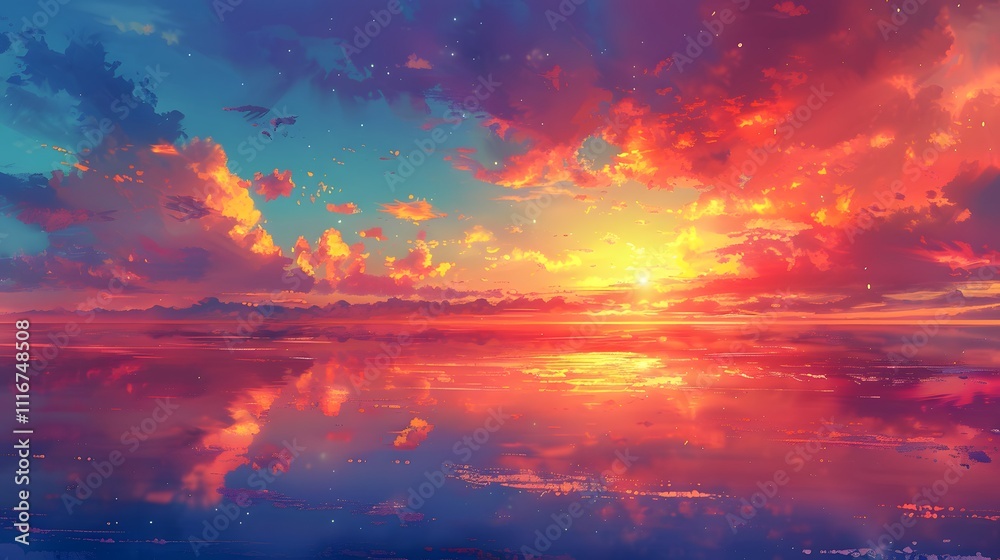 Fototapeta premium A stunning sunset casts warm hues of pink, purple, and orange over the clouds and water, creating a surreal and dreamlike landscape.