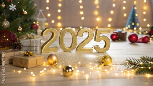 Happy New Year 2025 golden numbers on celebration background Complete with luxurious lighting Happy new year concept, Christmas, celebration season. photo