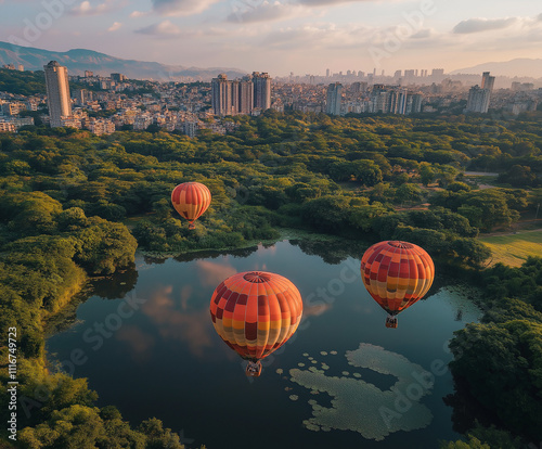 Aerial view of hot air balloons above urban buildings