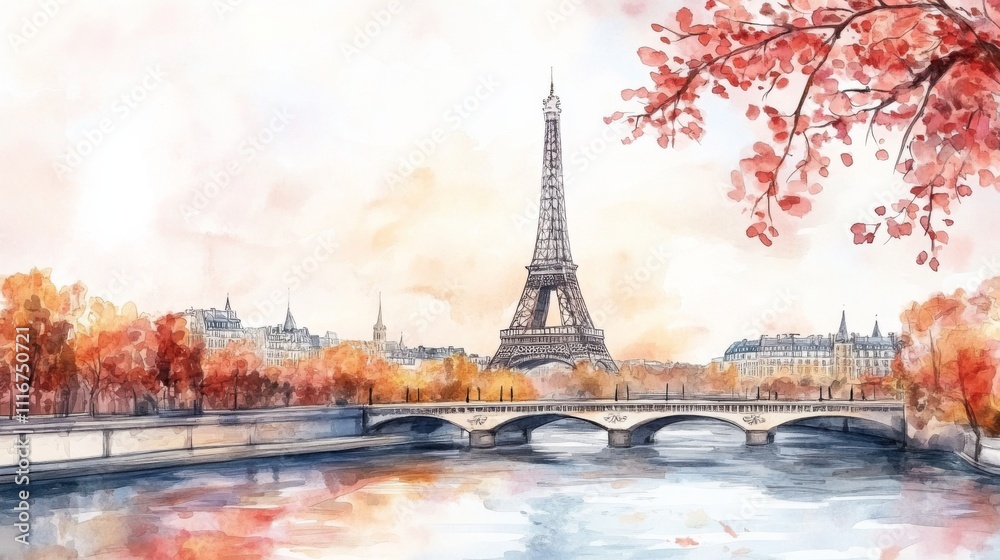 Obraz premium Watercolor Parisian Autumn Scene