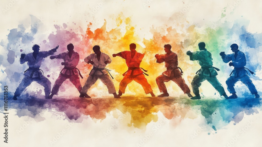 Obraz premium Karate Fighters Silhouette in Watercolor Style