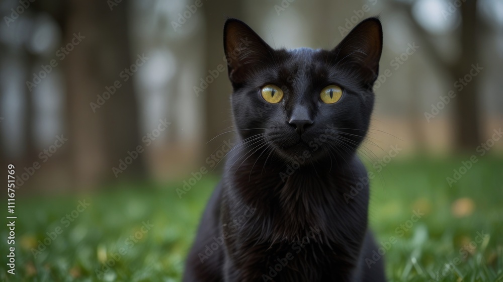 Close-up of a black cat with bright yellow eyes sitting in green grass. Close-up of a black cat with bright yellow eyes sitting in green grass.