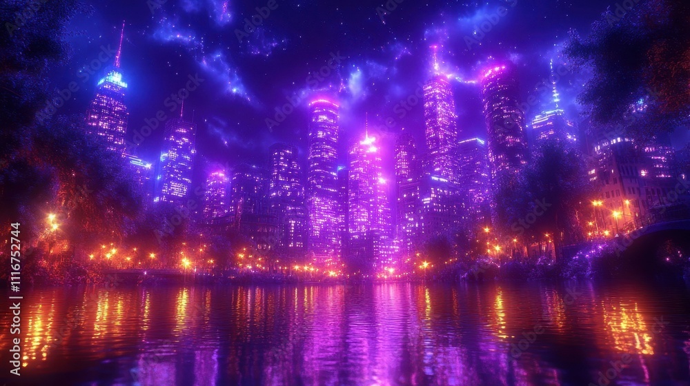© Premium Illustration - Futuristic city skyline at night with neon purple lights reflecting on water, vibrant urban landscape for technology, nightlife, or sci-fi themes, glowing skyscrapers, modern architecture, dreamy amb