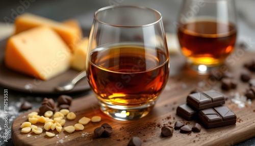 Dark Chocolate Brandy and Cheese Pairing on Wood Board