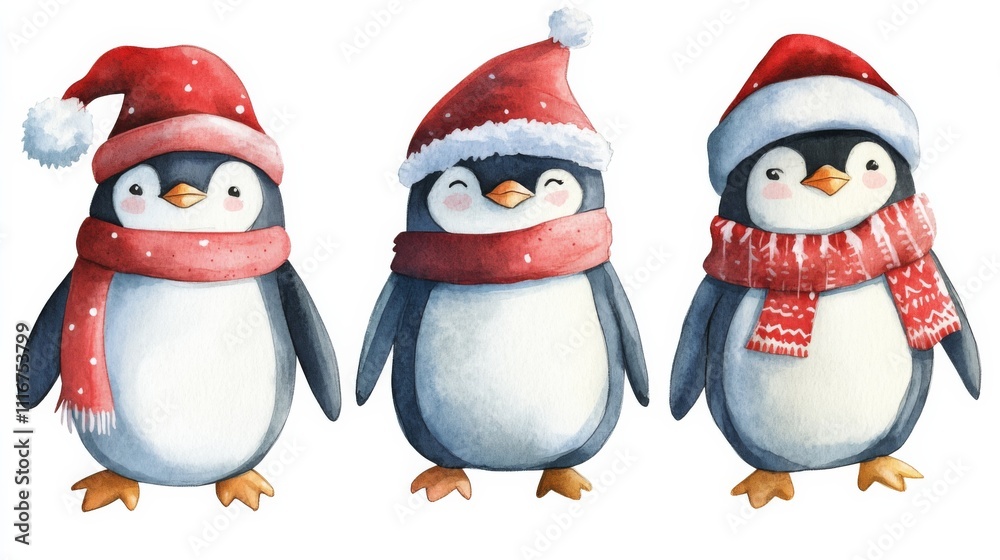 Fototapeta premium Festive Christmas Penguins Illustration