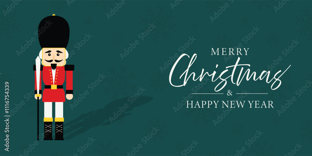Christmas nutcracker soldier with sword. Antique traditional figurine doll. Vector Christmas illustration in Scandinavian style. Cute nutcracker with mistletoe, Christmas holiday greeting card.
