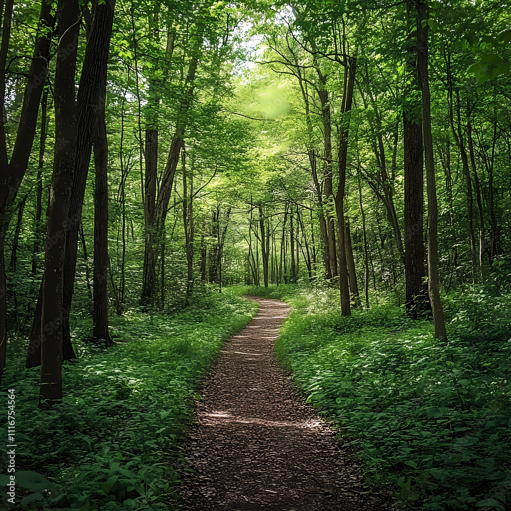 Fototapeta premium Tranquil Trek: Experience a Lime Green Forest Path through a Hiker's Eyes