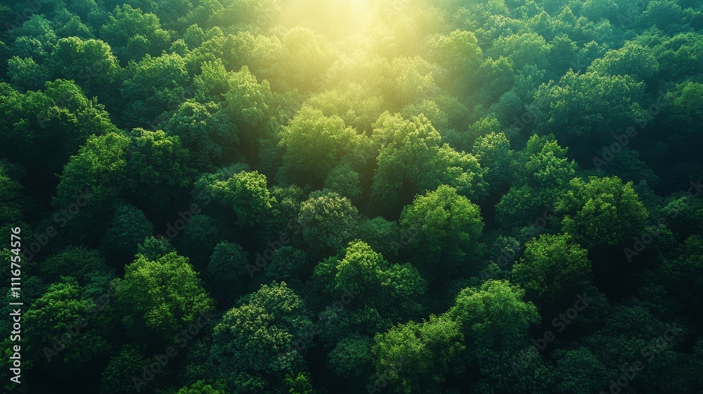 Lush green forest canopy with sun rays, aerial view. Nature and tranquility concept Lush green forest canopy with sun rays, aerial view. Nature and tranquility concept