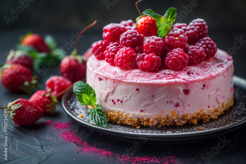 A vibrant pink cheesecake topped with fresh raspberries, drizzled with raspberry sauce, served on a white plate.