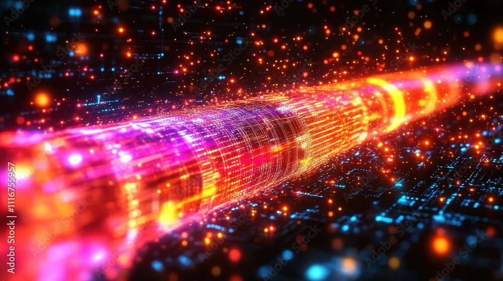 Fototapeta premium Futuristic glowing neon fiber optic cable glowing in vibrant pink orange and blue colors, abstract technology background for digital connectivity, data transfer, internet network, high-tech environme