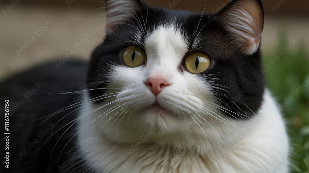 Close-up of a tuxedo cat with yellow eyes, lying on grass. Close-up of a tuxedo cat with yellow eyes, lying on grass.