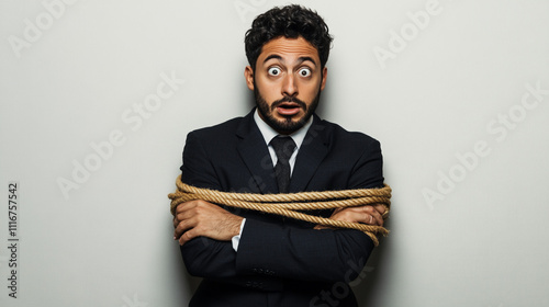 Stressed Businessman Tied Up  Bound  Anxiety  Fear  Despair  Workplace Stress  Job Pressur photo