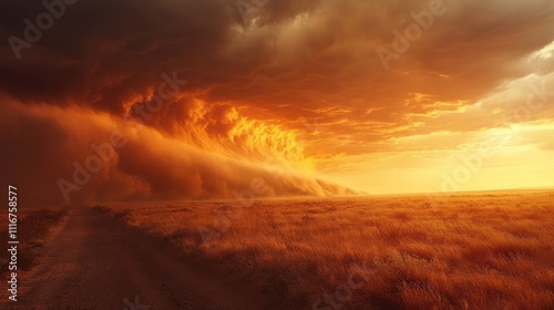 Warm hues of orange and gold fill the sky during sunset, contrasting with a looming storm cloud that stretches over the wide-open terrain. Nature's raw power and beauty unite