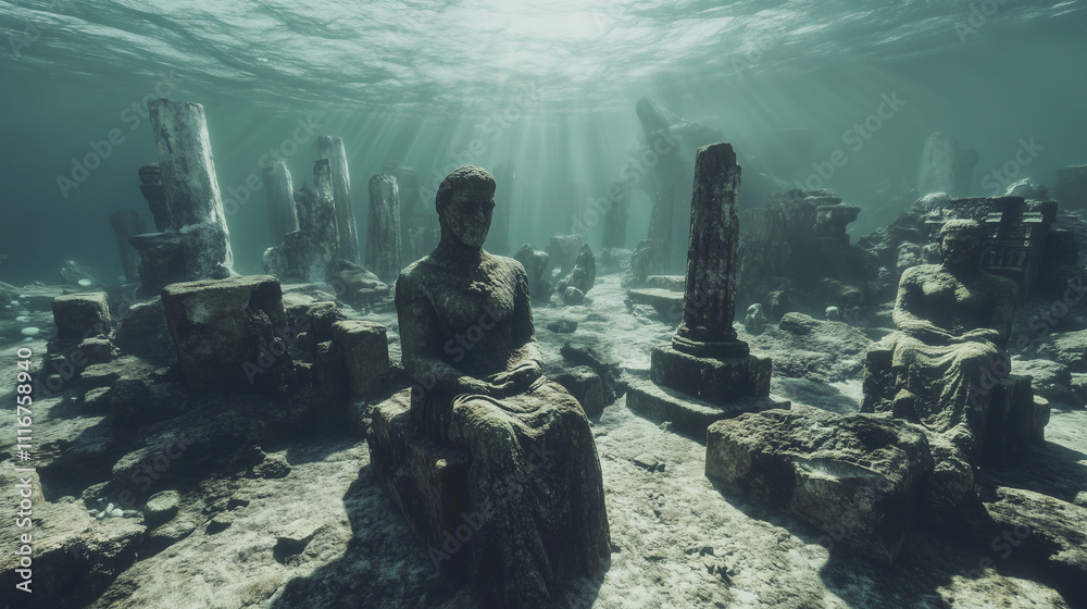 Ancient Atlantean ruins covered in algae, with broken statues and pillars scattered across the ocean floor, lit by sunlight from above Ancient Atlantean ruins covered in algae, with broken statues and pillars scattered across the ocean floor, lit by sunlight from above