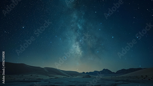 A stunning starlit sky blankets the vast desert landscape, with the Milky Way arching gracefully across the horizon, creating a cosmic masterpiece.