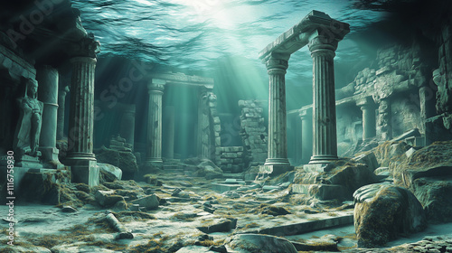 Ancient Atlantean ruins covered in algae, with broken statues and pillars scattered across the ocean floor, lit by sunlight from above photo