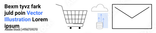 Shopping cart, cloud storage with upload arrow, and email envelope icon alongside placeholder text. Ideal for online shopping, digital marketing, cloud services, data management, customer support