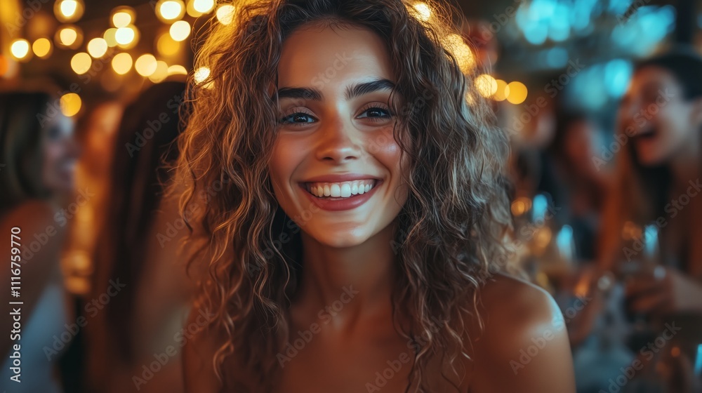 A joyous young woman in a party setting with glowing lights and cheerful smiles. A joyous young woman in a party setting with glowing lights and cheerful smiles.