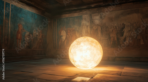 A glowing Atlantean orb floating in a sunken chamber, radiating light that illuminates murals of ancient battles photo