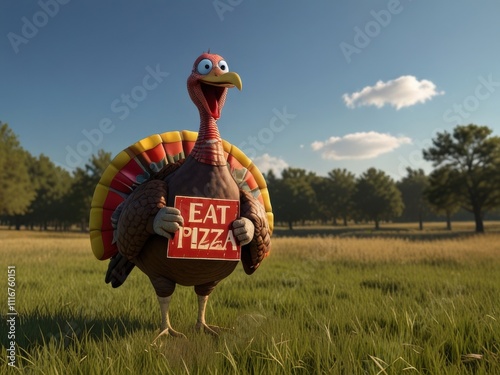 A turkey stands on grass, holding a sign that reads EAT PIZZA.