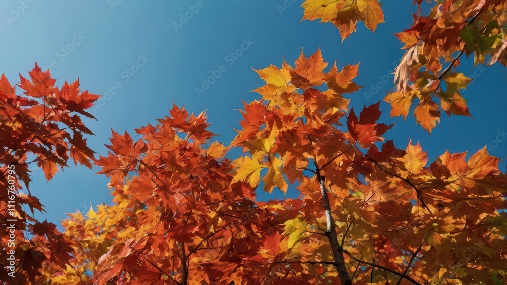 Close-up of bright autumn maple leaves on the background of blue sky and sunlight, golden autumn under sunlight Close-up of bright autumn maple leaves on the background of blue sky and sunlight, golden autumn under sunlight