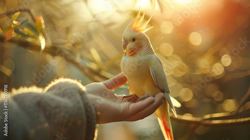 A bird owner lovingly holds their cockatiel on their finger, showcasing a relationship based on trust, care, and affection. photo