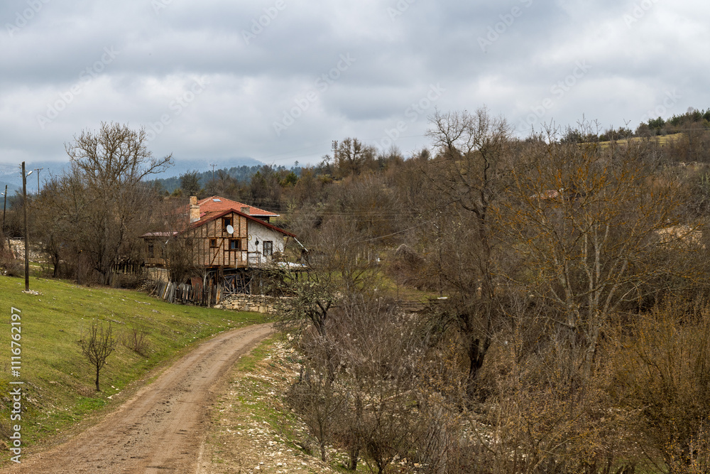 A rustic countryside scene with a traditional house featuring a red roof, surrounded by bare trees, a dirt road, and a peaceful, cloudy rural landscape.