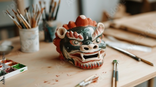 Traditional new year lion head mask on craft table for festive celebration decor photo