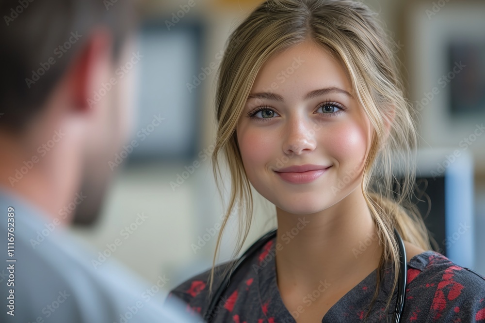A young nurse smiling warmly in a hospital setting, creating a friendly atmosphere. A young nurse smiling warmly in a hospital setting, creating a friendly atmosphere.