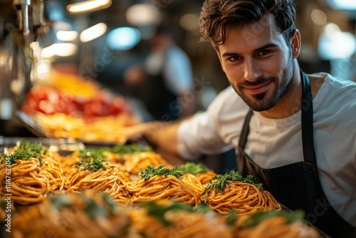 Chef smiling beside freshly prepared pasta dishes in a bustling kitchen. photo