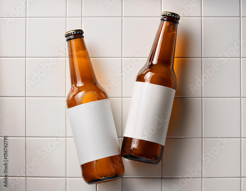 Bottles of cold beer on white tile background with mockup